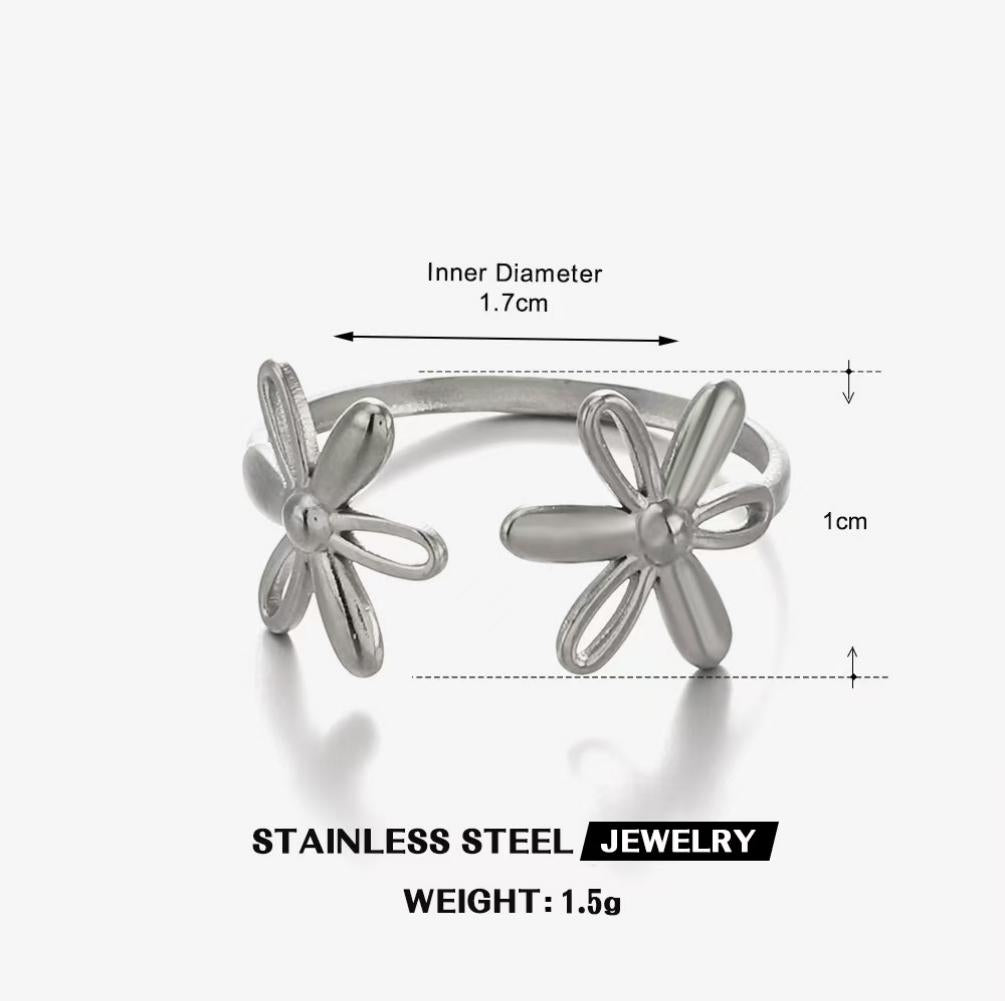 Twin Daisy Bloom Open Ring — Silver