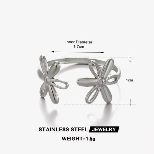 Twin Daisy Bloom Open Ring — Silver