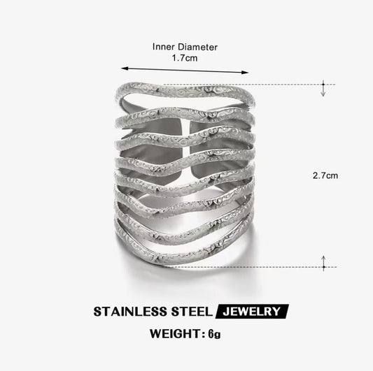 Stacked Wave Multi-Band Statement Ring — Silver