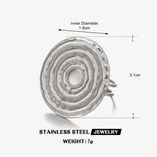 Hammered Tree-Ring Disc Statement Ring — Silver