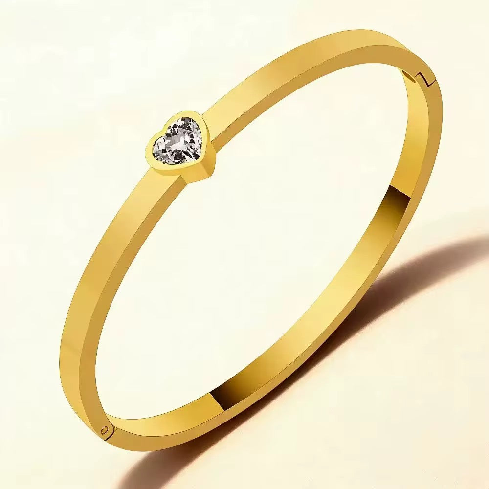 Minimalist Heart Bangle | CZ Crystal Accent