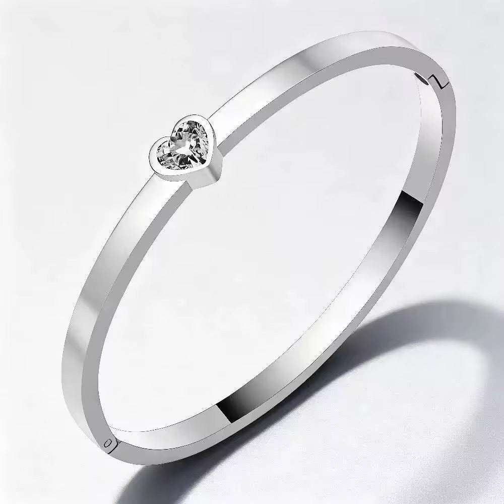 Minimalist Heart Bangle | CZ Crystal Accent