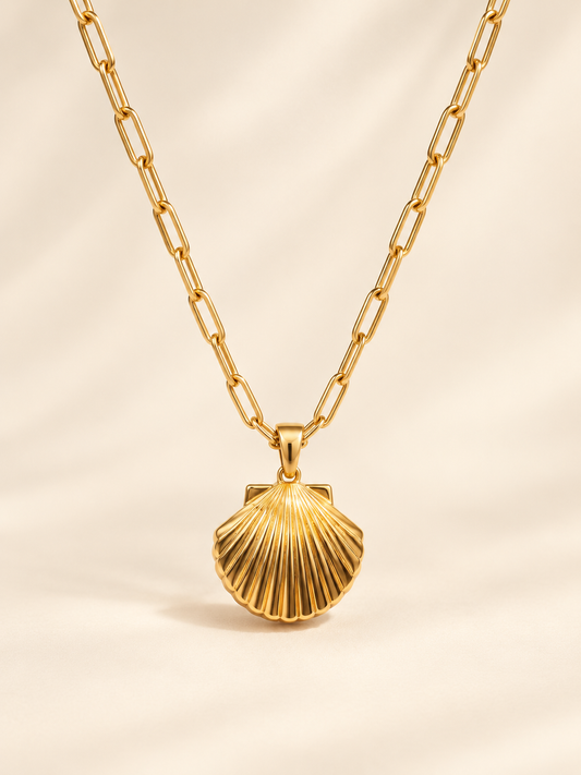 Gold Scallop Shell Locket Necklace