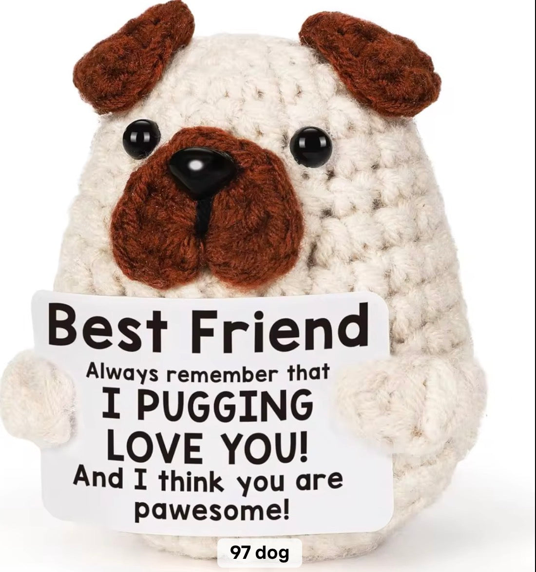 Positive Pug Crochet Keychain with affirmation card