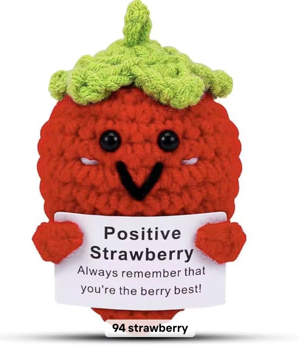 Positive Strawberry Crochet Keychain with affirmation card