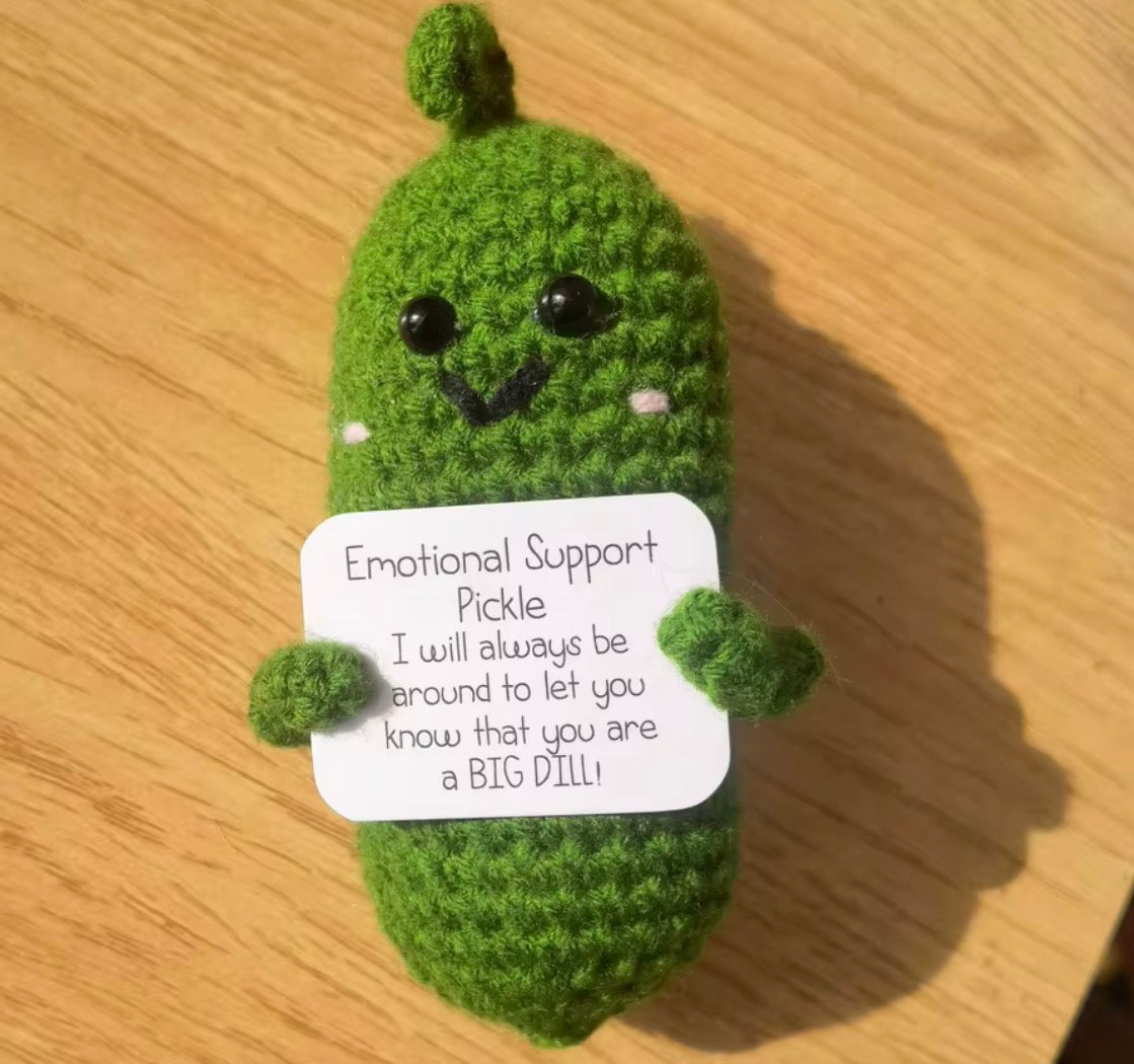 Emotional Support Pickle Crochet Keychain with affirmation card