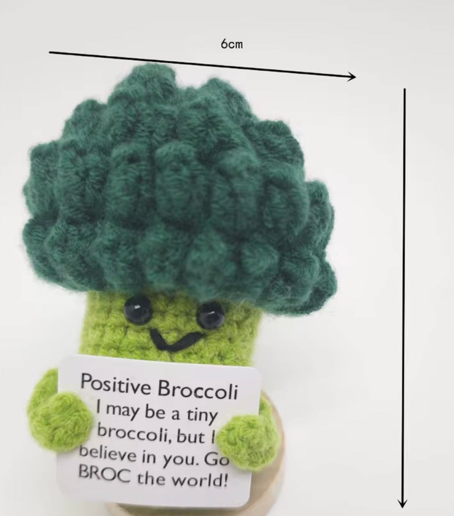 Positive Broccoli Crochet Keychain with affirmation card