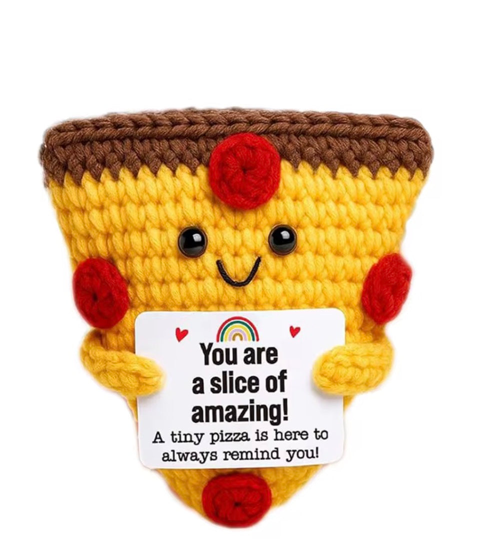 Positive Pizza Crochet Keychain with affirmation card