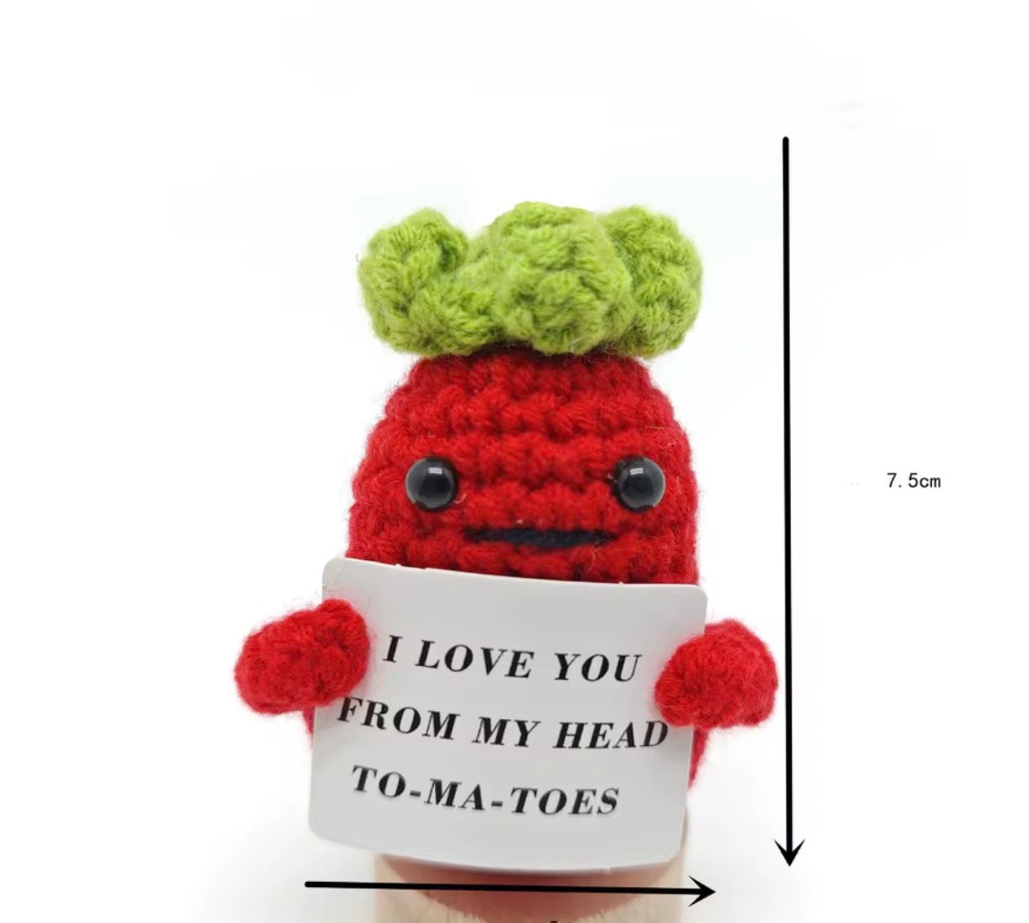 Positive Tomato Crochet Keychain with affirmation card