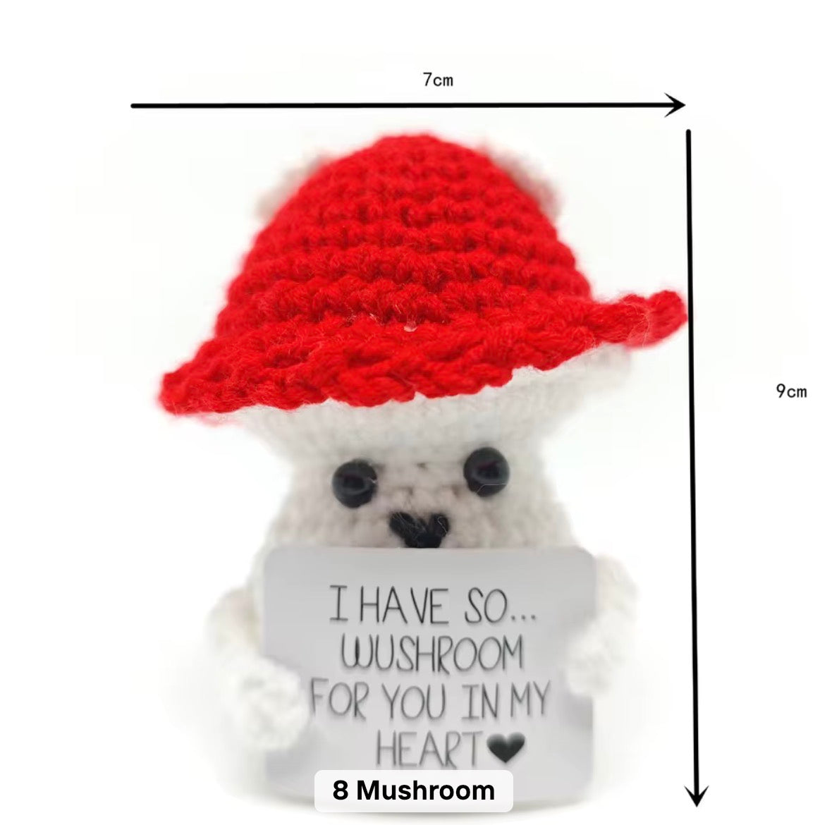 Positive Mushroom Crochet Keychain with affirmation card