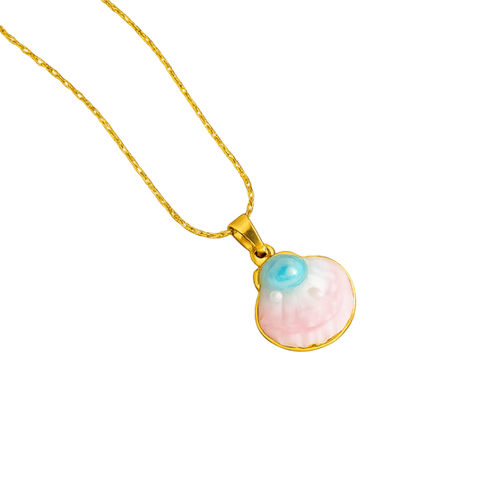 Gold necklace with a pendant featuring a pink and blue gemstone on a white background