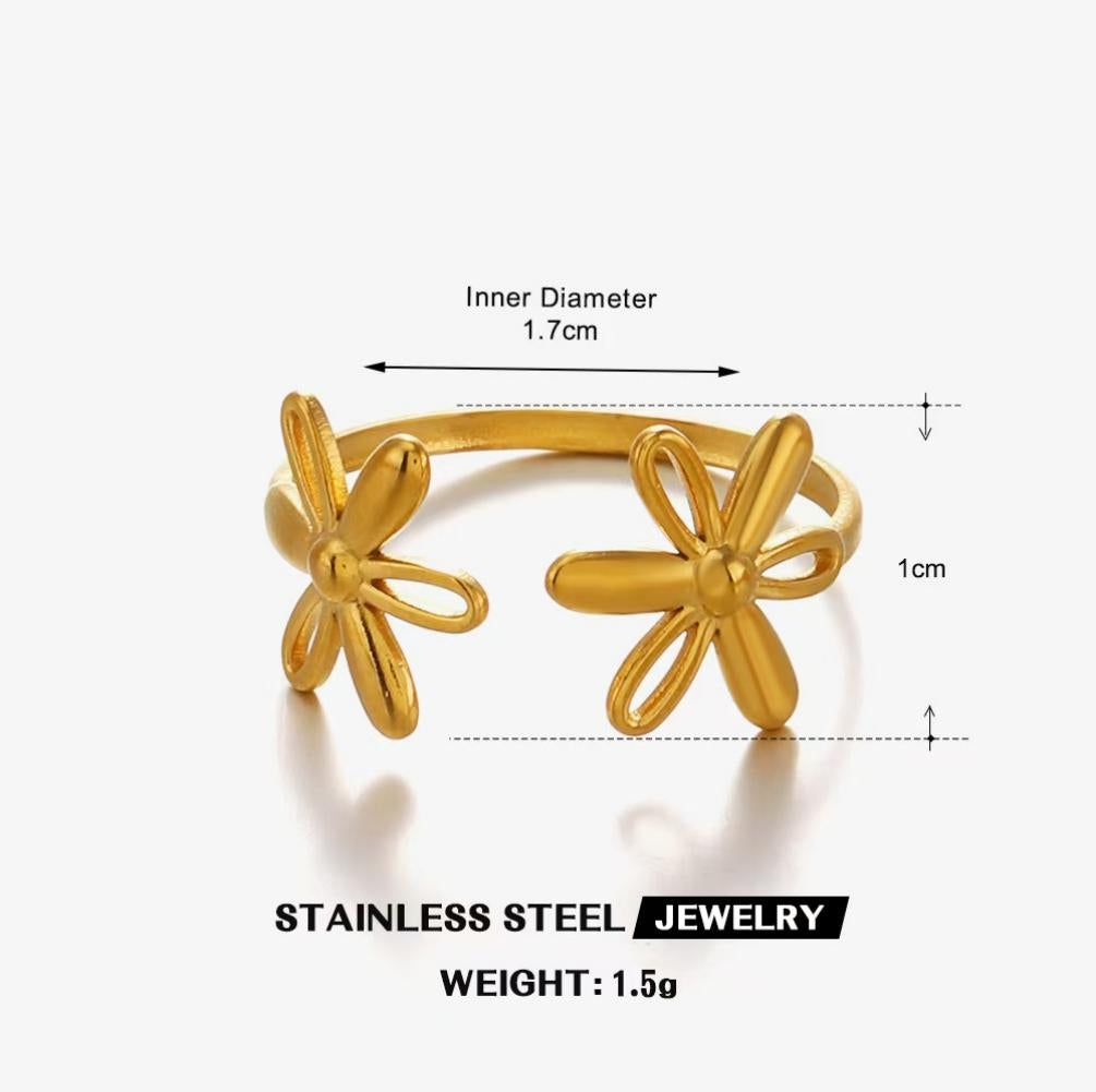 Twin Daisy Bloom Open Ring — Gold