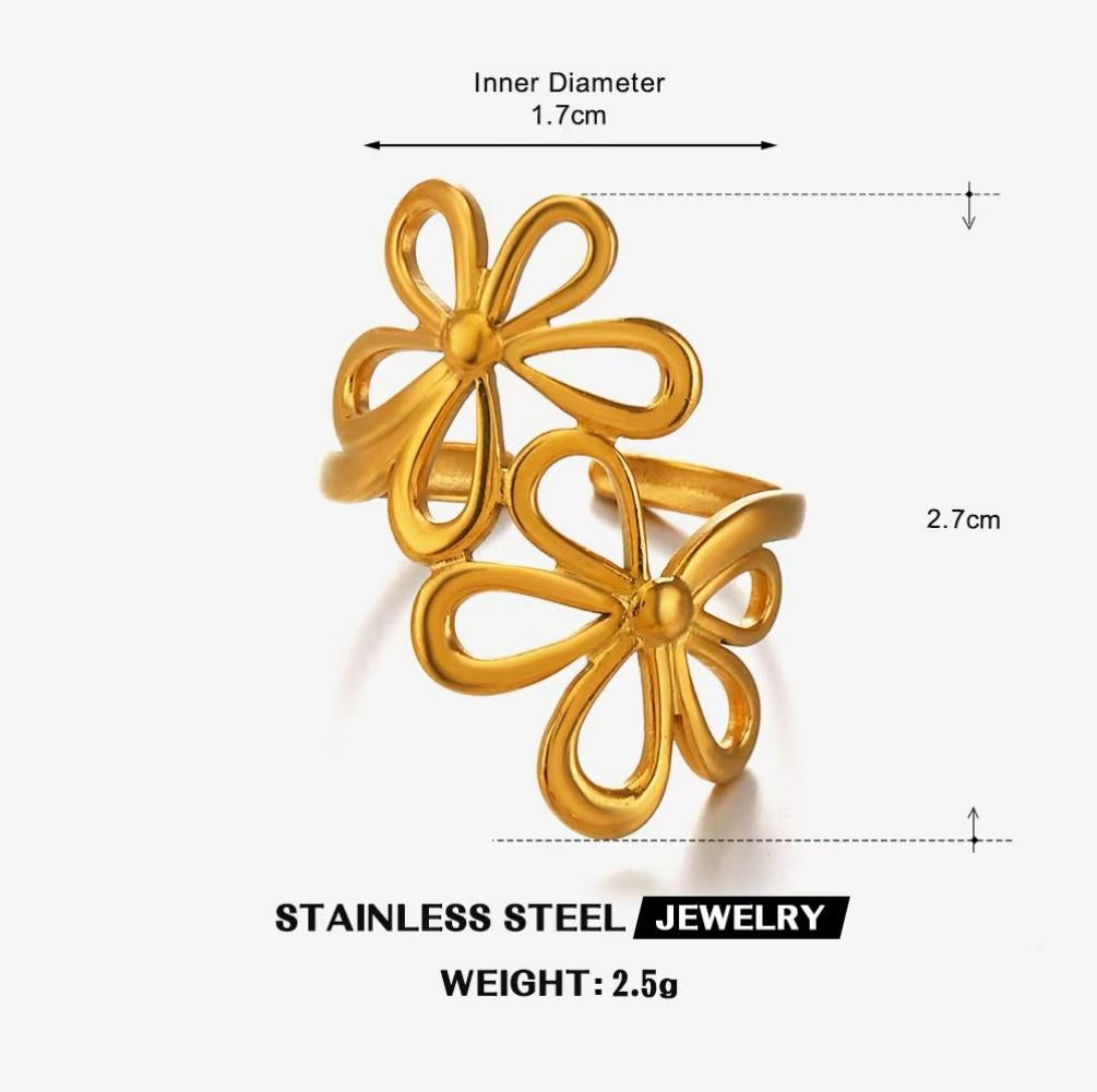Twin Open Flower Statement Ring — Gold