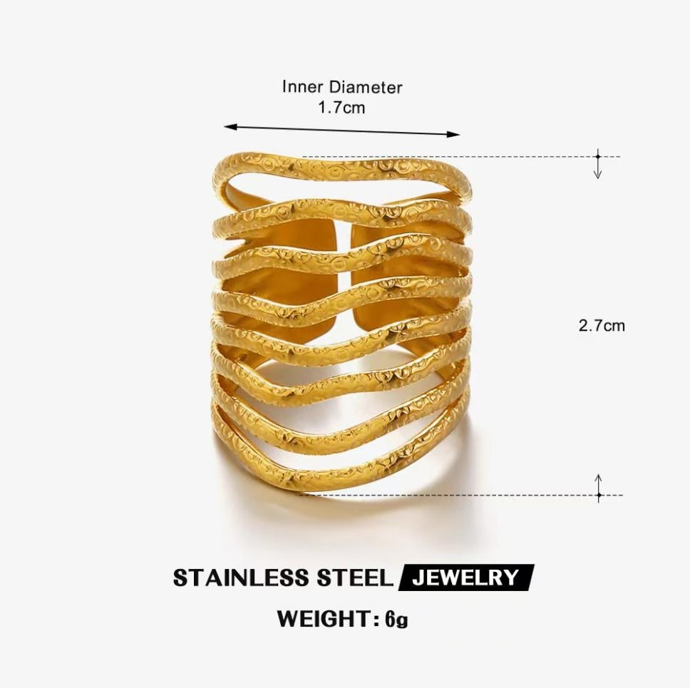 Stacked Wave Multi-Band Statement Ring — Gold