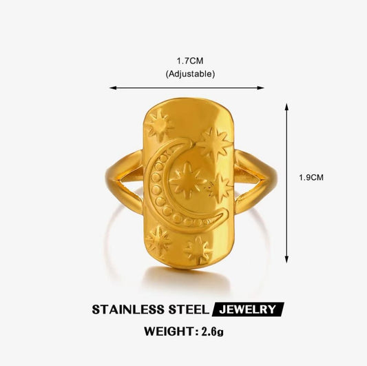 Celestial Moon & Star Tablet Ring — Gold