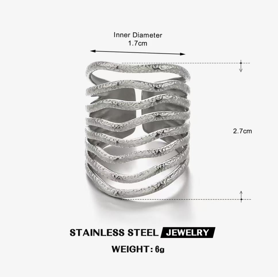 Stacked Wave Multi-Band Statement Ring — Silver