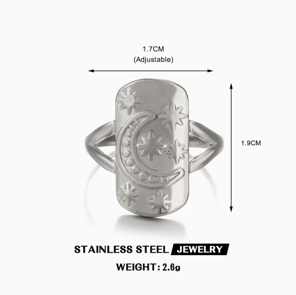 Celestial Moon & Star Tablet Ring — Silver