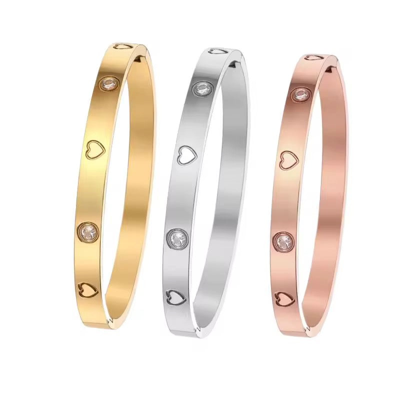 Heart crystal bangle bracelet in gold, silver and rose gold